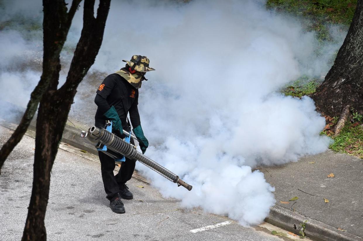 A pest-control worker fumigates an area against aedes mosquitoes which carry the dengue virus at a public residential estate in Singapore. (PHOTO: ROSLAN RAHMAN/AFP via Getty Images)