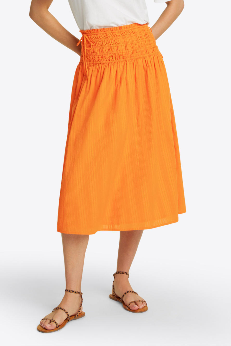 Draper James Smocked Waist Midi Skirt in Marigold Dobby Stripe 