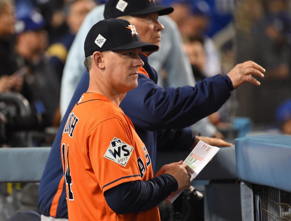 Houston Astros manager A.J. Hinch in the dugout in the 7th inning against the Los Angeles Dodgers Game 7 of the World Series at Dodger Stadium, Nov. 1, 2017.