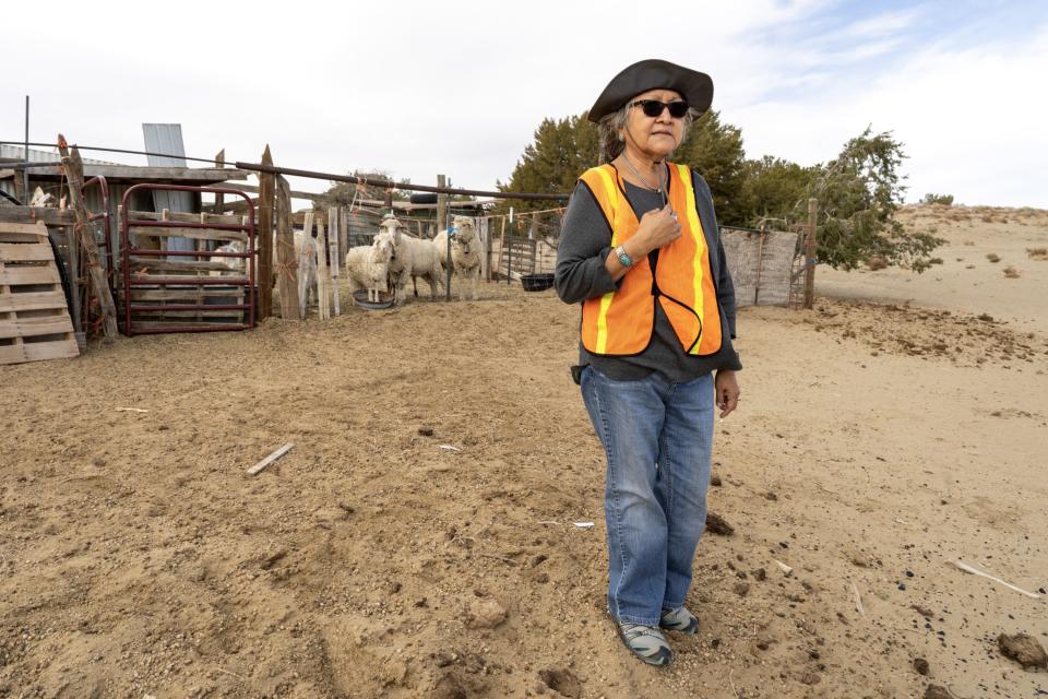 Navajo archaeologist Rena Martin at the sheep pens by a home where she’s doing surveying work.