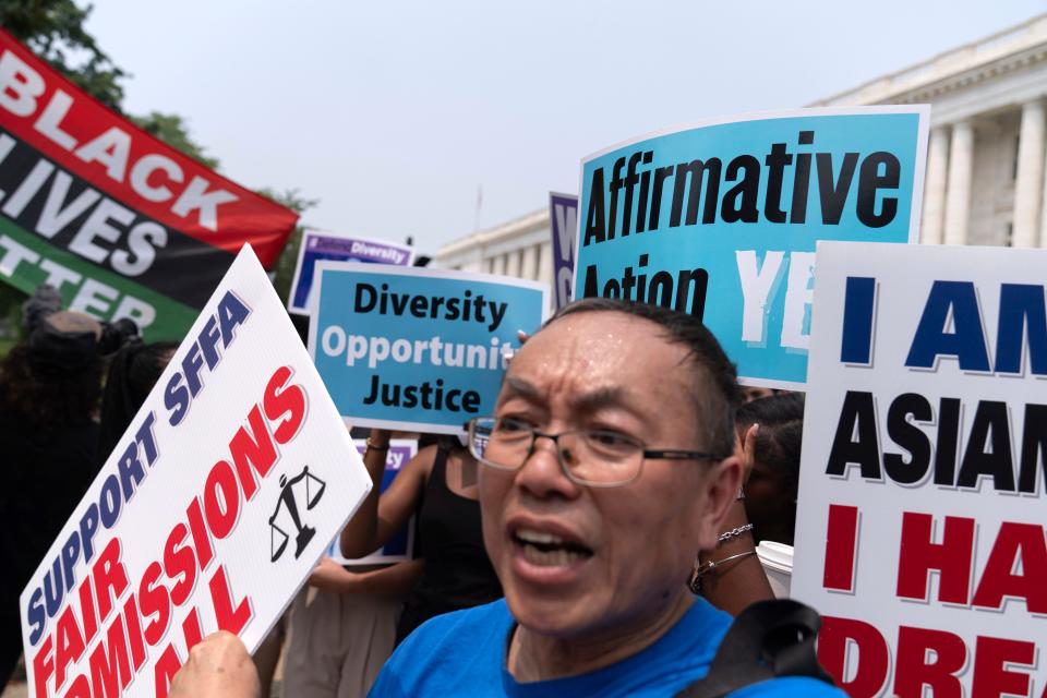 Demonstrators protest outside the Supreme Court in Washington, D.C., on June 29 after the Supreme Court struck down affirmative action in college admissions, saying race cannot be a factor.