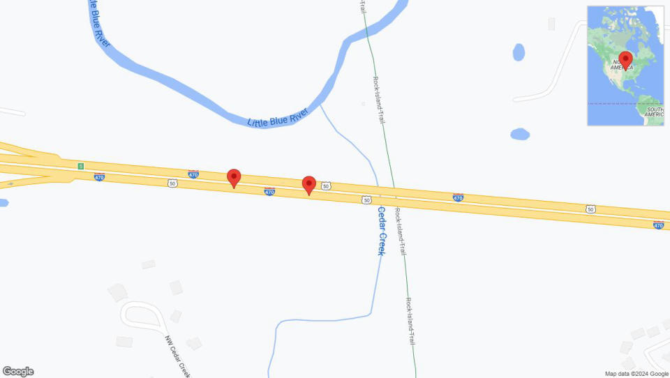 A detailed map that shows the affected road due to 'Broken down vehicle on eastbound I-470 in Lee's Summit' on January 4th at 1:14 p.m.