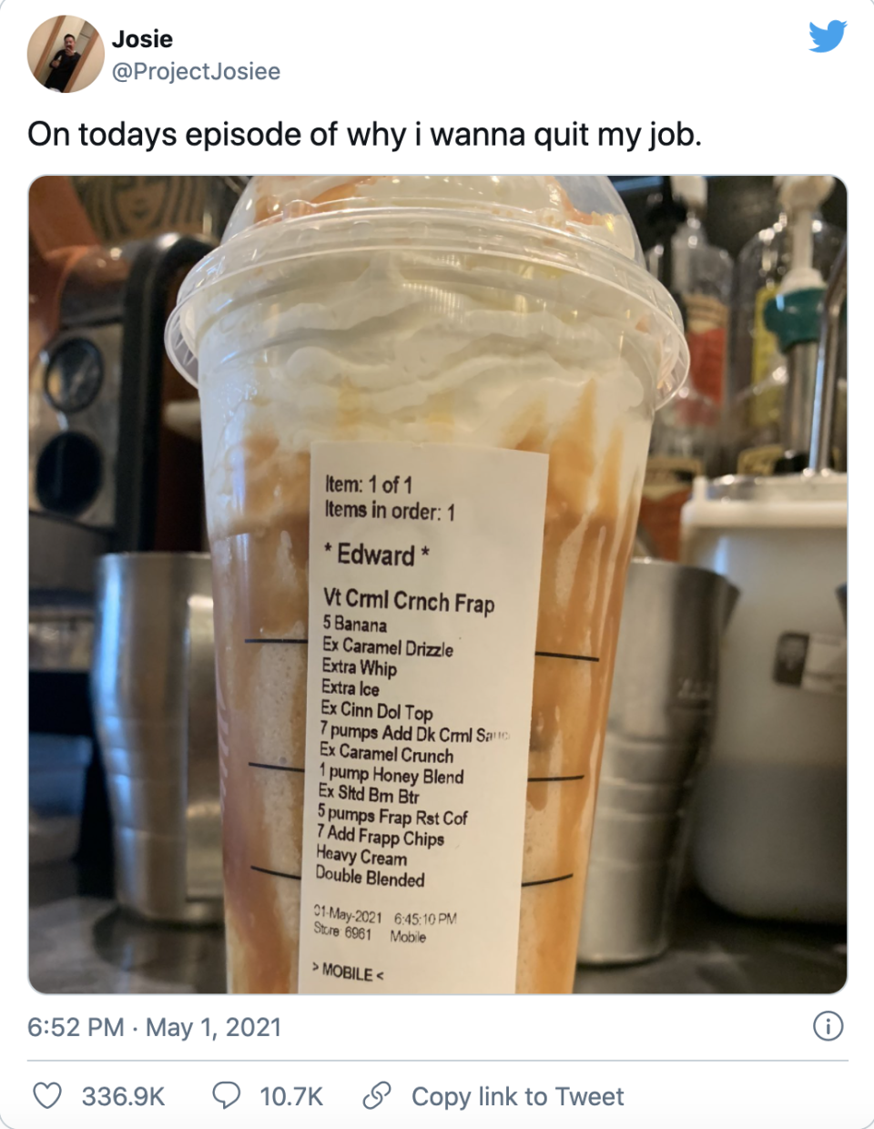 A Starbucks employee's viral tweet illustrated a Tiktok trend in which customers order extravagant drinks. (Screenshot: Twitter/ProjectJosiee)