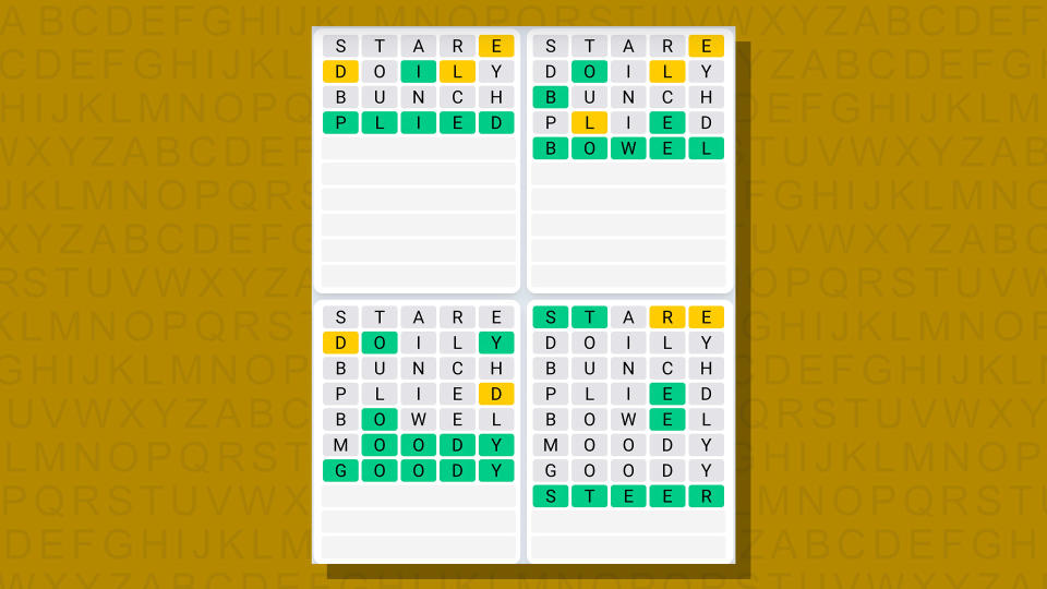 Quordle daily sequence answers for game 685 on a yellow background