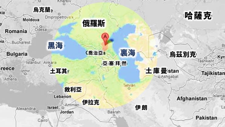 高加索地區 圖中紅色圖釘為車臣 （圖片來源：Google Map後製）