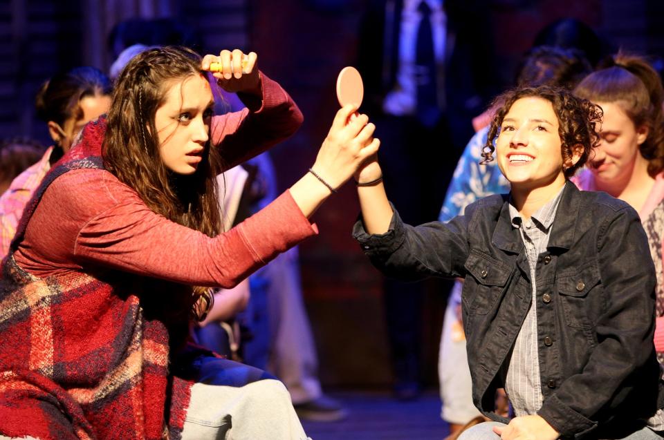 Camila Holden, left, playing Clara, and Madi Boveri, playing Indigo, interact in a scene Monday, April 10, 2023, during rehearsal for South Bend Civic Theatre's production of “My Heart Says Go.”