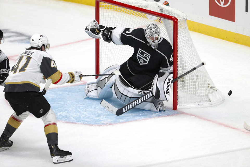 Los Angeles Kings goalie Calvin Petersen (40) defends against Vegas Golden Knights forward Nolan Patrick (41) during the third period of an NHL hockey game Thursday, Oct. 14, 2021, in Los Angeles. The Kings won 6-2. (AP Photo/Ringo H.W. Chiu)