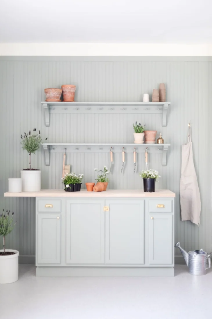 potting bench with flowers