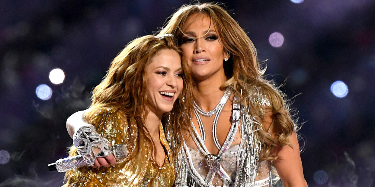 Shakira (L) and Jennifer Lopez perform onstage during the Pepsi Super Bowl LIV Halftime Show at Hard Rock Stadium on February 2, 2020 in Miami. (Kevin Winter / Getty Images)