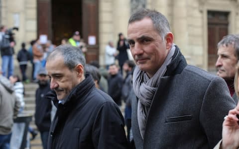 President of the Corsican Assembly Jean-Guy Talamoni, left, and President of the Corsican Executive council Gilles Simeoni take part in a demonstration ahead of a visit to the Mediterranean island next week by French President Emmanuel Macron, in Ajaccio, Corsica island, France, Saturday, Feb. 3, 2018 - Credit: AP