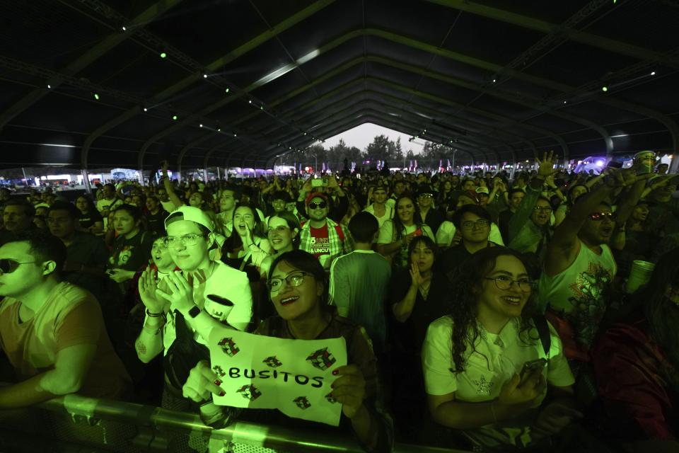 Fans en el concierto de Bu Cuarón, de Inglaterra, en el Festival Tecate Emblema en la Ciudad de México el viernes 17 de mayo de 2024. (Foto AP/Fernando Llano)