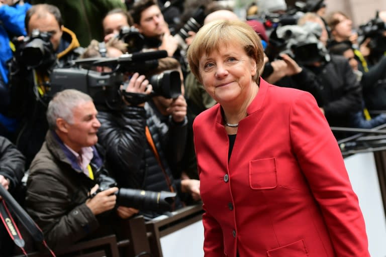 Germany's Chancellor Angela Merkel arrives for a European Union leaders' summit in Brussels on October 20, 2016