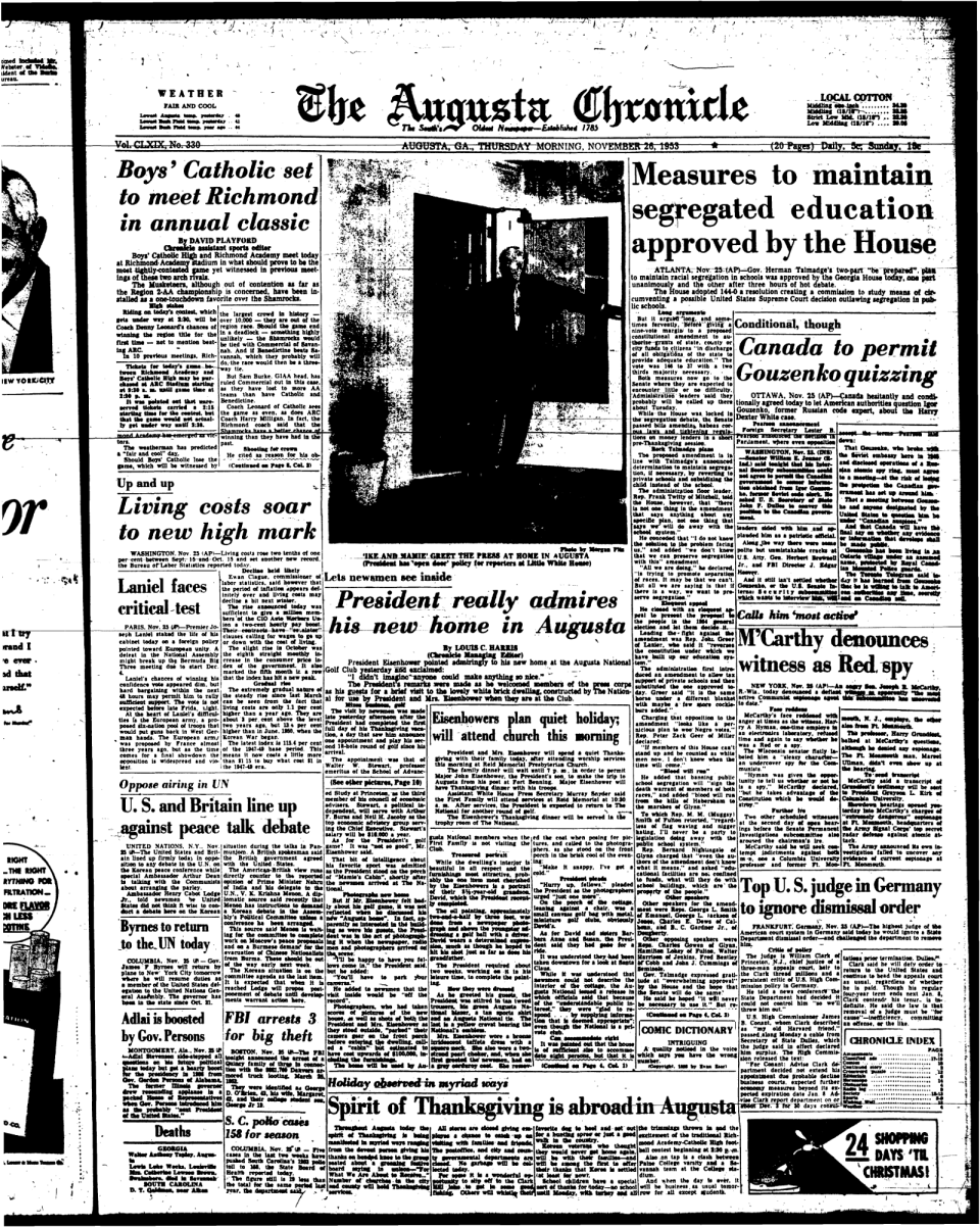 The front page of the Augusta Chronicle on Thanksgiving on November 26, 1953.