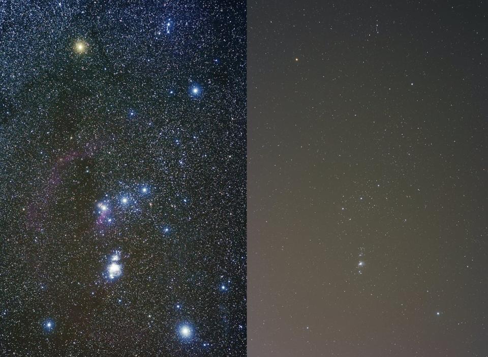 The more light pollution there is, the fewer stars a person can see when looking at the same part of the night sky. The image on the left depicts the constellation Orion in a dark sky, while the image on the right is taken near the city of Orem, Utah, a city of about 100,000 people. <a href="https://www.flickr.com/photos/79297308@N00/3180280752" rel="nofollow noopener" target="_blank" data-ylk="slk:jpstanley/Flickr;elm:context_link;itc:0;sec:content-canvas" class="link ">jpstanley/Flickr</a>, <a href="http://creativecommons.org/licenses/by/4.0/" rel="nofollow noopener" target="_blank" data-ylk="slk:CC BY;elm:context_link;itc:0;sec:content-canvas" class="link ">CC BY</a>