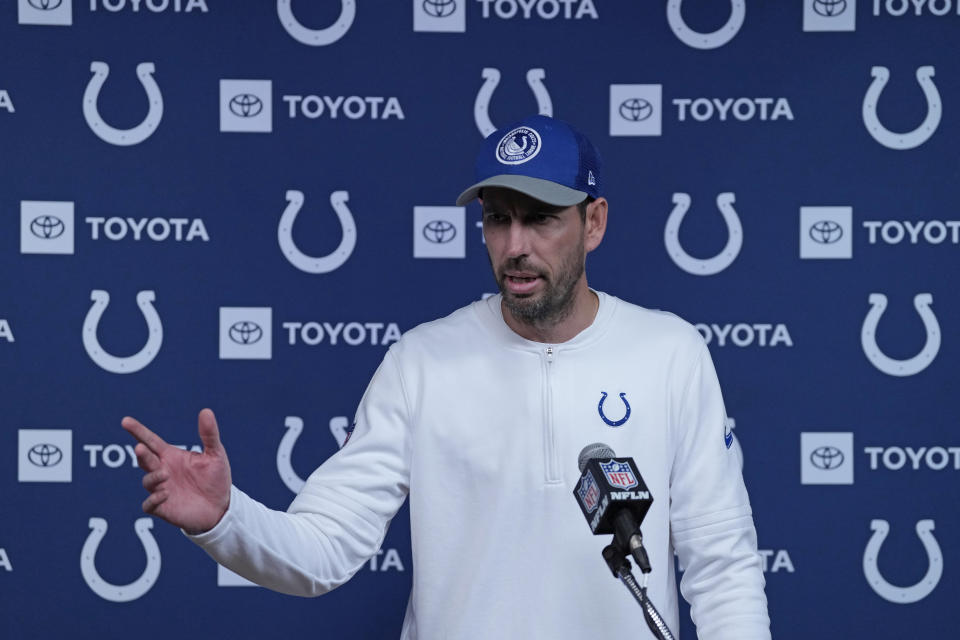 Indianapolis Colts coach Shane Steichen answers a question during a news conference after an NFL football game against the Houston Texans Sunday, Sept. 17, 2023, in Houston. The Colts won 31-20. (AP Photo/David J. Phillip)