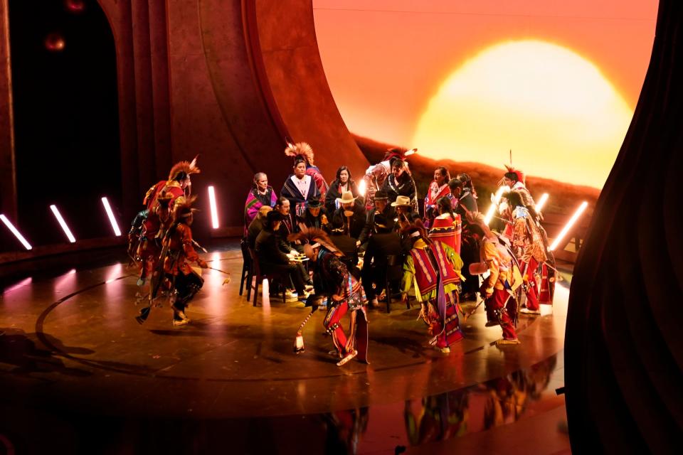 Scott George and the Osage Singers perform “Wahzhazhe (A Song For My People)” from “Killers of the Flower Moon” during the 96th Oscars at the Dolby Theatre at Ovation Hollywood in Los Angeles on March 10, 2024.