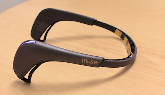 The Muse 2 headset: simple, lightweight, with a thin strip of electrodes over the front and rubber hooks that fit behind your ears.