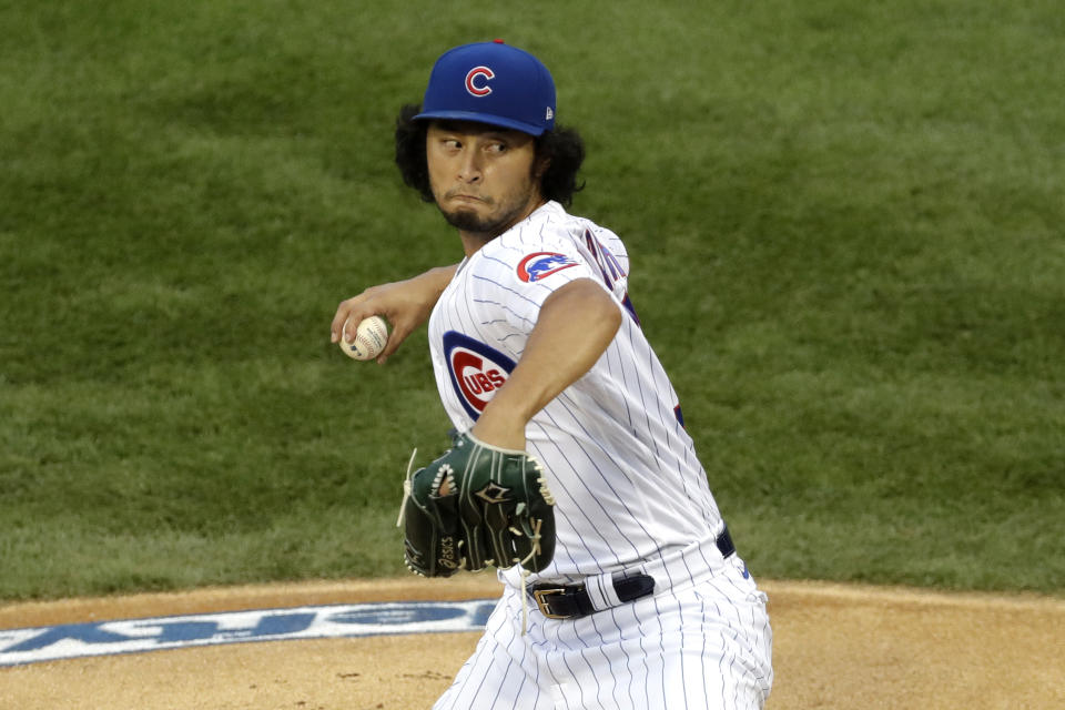 Chicago Cubs starting pitcher Yu Darvish, of Japan, throws against the Pittsburgh Pirates during the first inning of a baseball game in Chicago, Friday, July 31, 2020. (AP Photo/Nam Y. Huh)