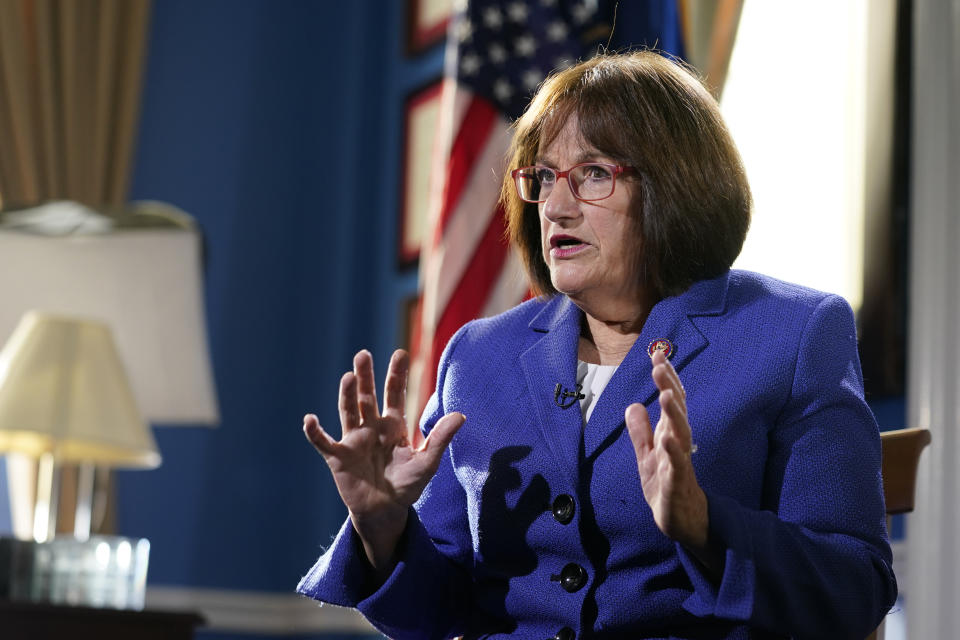 Rep. Annie Kuster, D-N.H., talks during an interview with The Associated Press in her office on Capitol Hill in Washington, Wednesday, Dec. 15, 2021, looking back a year later at her experience during the Jan. 6 Capitol insurrection. (AP Photo/Susan Walsh)