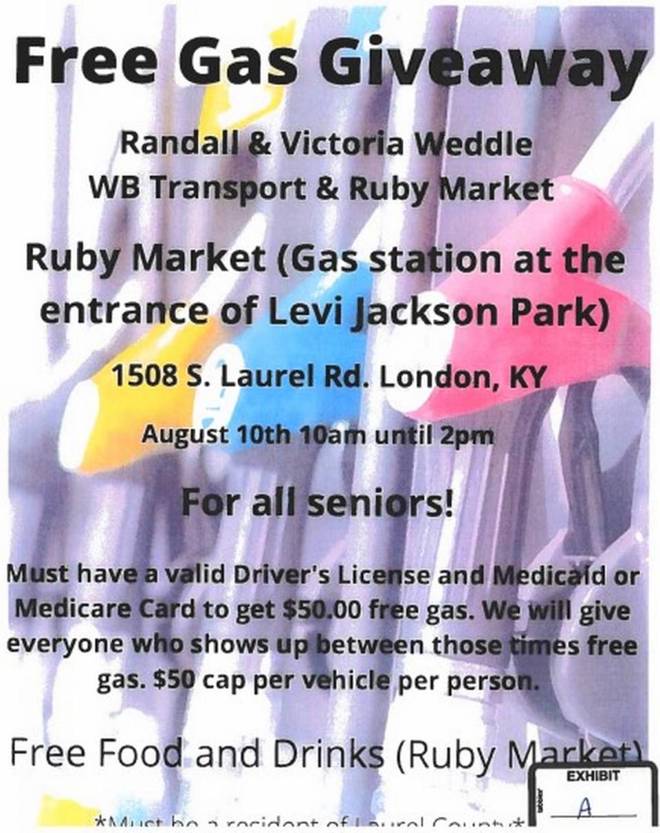A flier advertising a free gas giveaway sponsored by then-London mayoral candidate Randall Weddle, his wife, the company he co-founded and a local gas station.