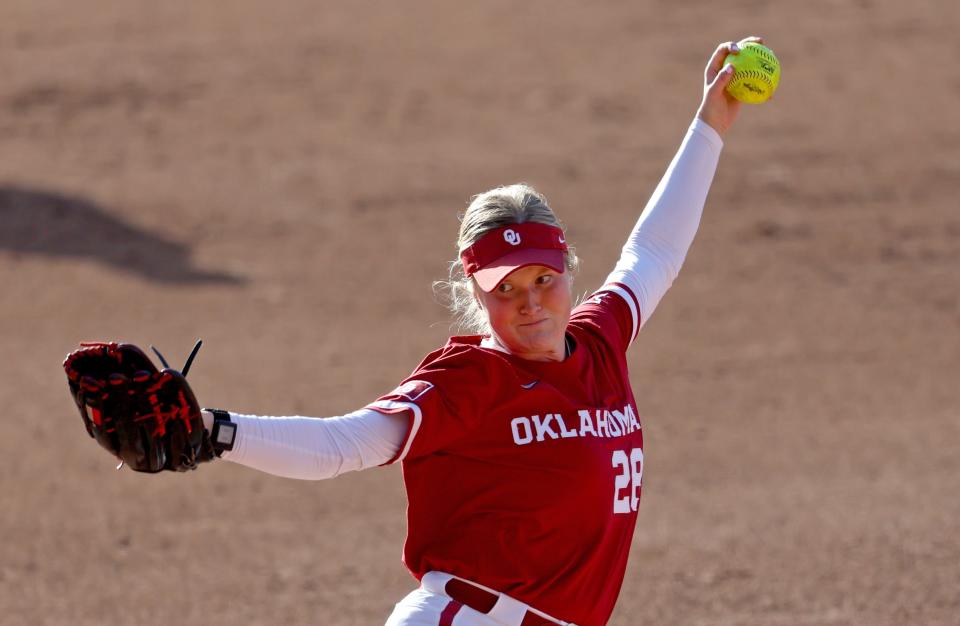 Oklahoma's Kelly Maxwell (28) throws a pitch in the first inning during the college softball game between the University of Oklahoma Sooners and BYU Cougar at Love's Field in Norman, Okla., Thursday, April 11, 2024.