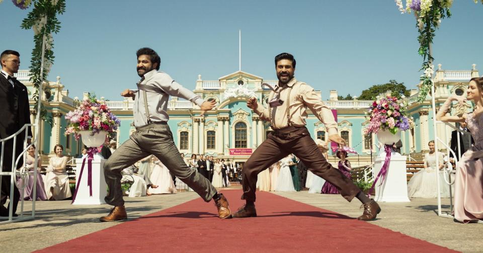 N.T. Rama Rao Jr. (left) and Ram Charan are in sync performing "Naatu Naatu" in the Indian action epic "RRR."