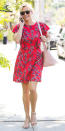 <p>Witherspoon repped International Women's Day in a red floral minidress ($195; <a rel="nofollow noopener" href="http://www.pntrac.com/t/8-10718-131940-134982?SID:ISReeseWRedDJIJMarch=url=https%3A%2F%2Fwww.draperjames.com%2Fdunaway-vines-ruffle-knit-dress%3Futm_source%3DPepperJam%26utm_medium%3DAffiliate%26utm_campaign%3D20648%26utm_content%3D1-7839%26utm_term%3D1898200106" target="_blank" data-ylk="slk:draperjames.com;elm:context_link;itc:0;sec:content-canvas" class="link ">draperjames.com</a>) which she paired with nude block heel sandals, a pale pink tote, and her favorite accessory: her phone. </p>