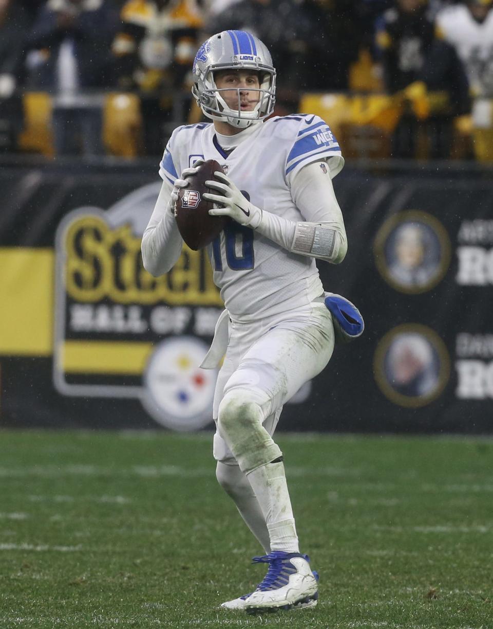 Lions quarterback Jared Goff looks to pass against the Steelers in overtime of the Lions' 16-16 tie with the Steelers on Sunday, Nov. 14, 2021, in Pittsburgh.