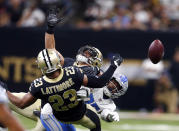 <p>New Orleans Saints cornerback Marshon Lattimore (23) breaks up a pass intended for Detroit Lions running back Theo Riddick in the second half of an NFL football game in New Orleans, Sunday, Oct. 15, 2017. (AP Photo/Butch Dill) </p>