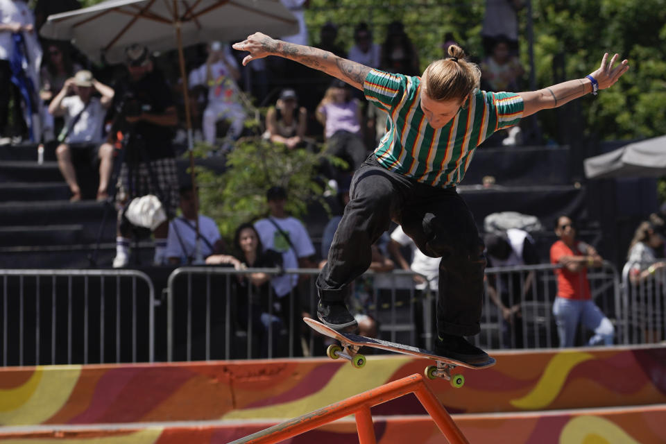 FILE - In this Nov. 16, 2019, file photo, Candy Jacobs, of the Netherlands, competes in the Skate Street World Championship in Rio de Janeiro, Brazil. Quarantined Olympic skateboarder Jacobs says she’s had to take action to be allowed to get fresh air in an isolation hotel in Japan. The Dutch athlete was removed from the Olympic Village after testing positive for COVID-19. (AP Photo/Leo Correa, File)