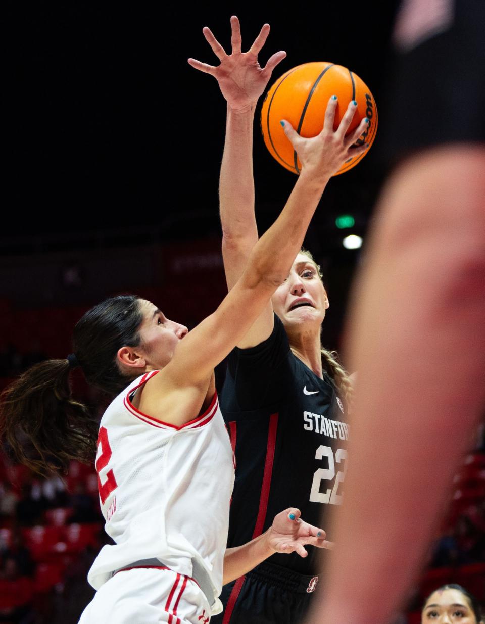 Utah Utes guard Ines Vieira (2) shoots the ball with Stanford Cardinal forward Cameron Brink (22) on defense during a college women’s basketball game between the Utah Utes and the Stanford Cardinal at the Jon M. Huntsman Center in Salt Lake City on Friday, Jan. 12, 2024. | Megan Nielsen, Deseret News