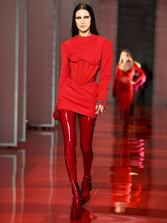 A model walks on the runway at the Versace fashion show during the