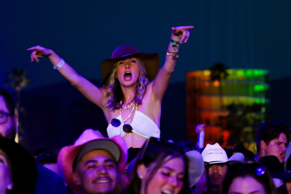 A fan gets an elevated view above the crowd to watch a performance.