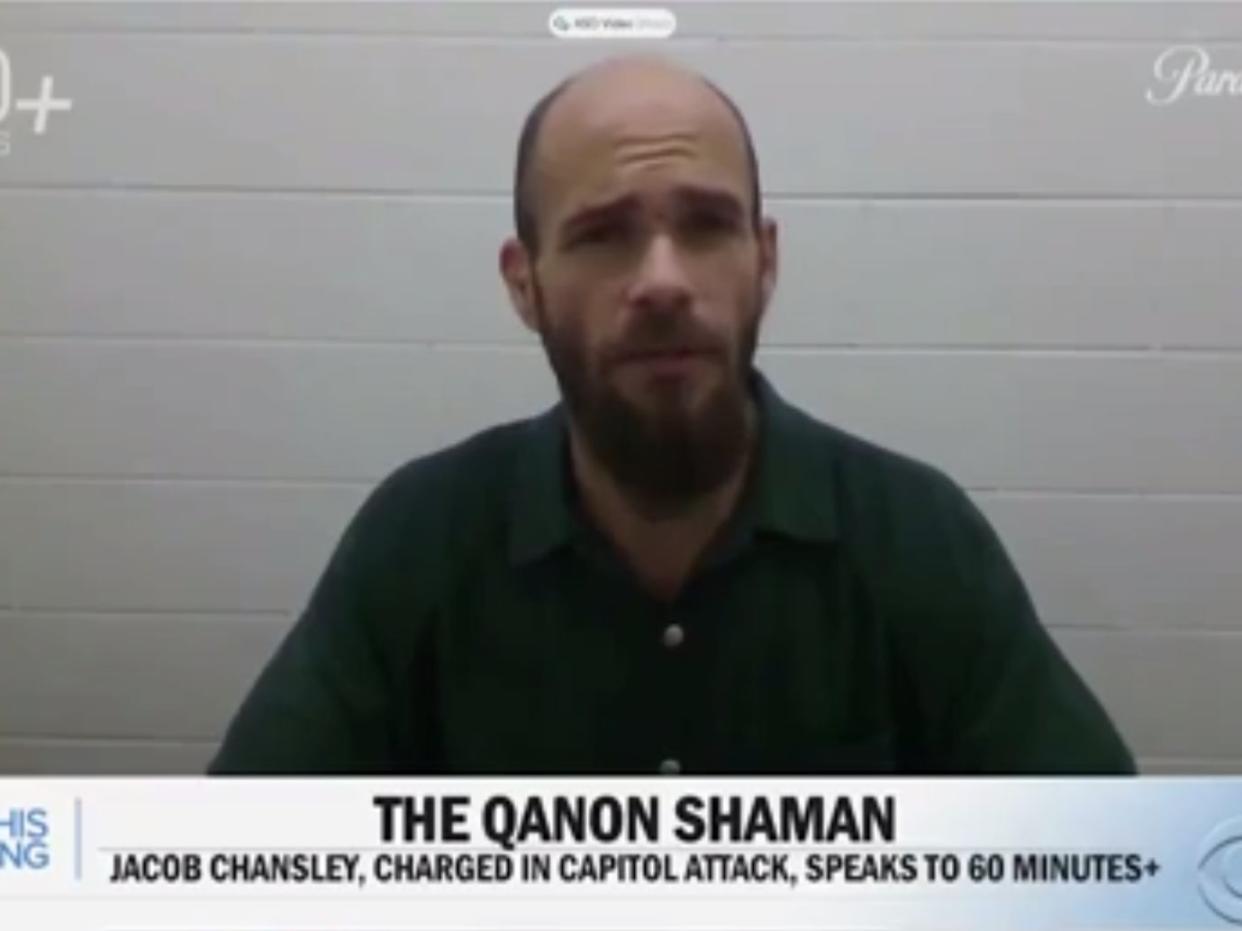 <p>Jacob Chansley interviewed on CBS on Thursday</p> (CBS 60 Minutes+)