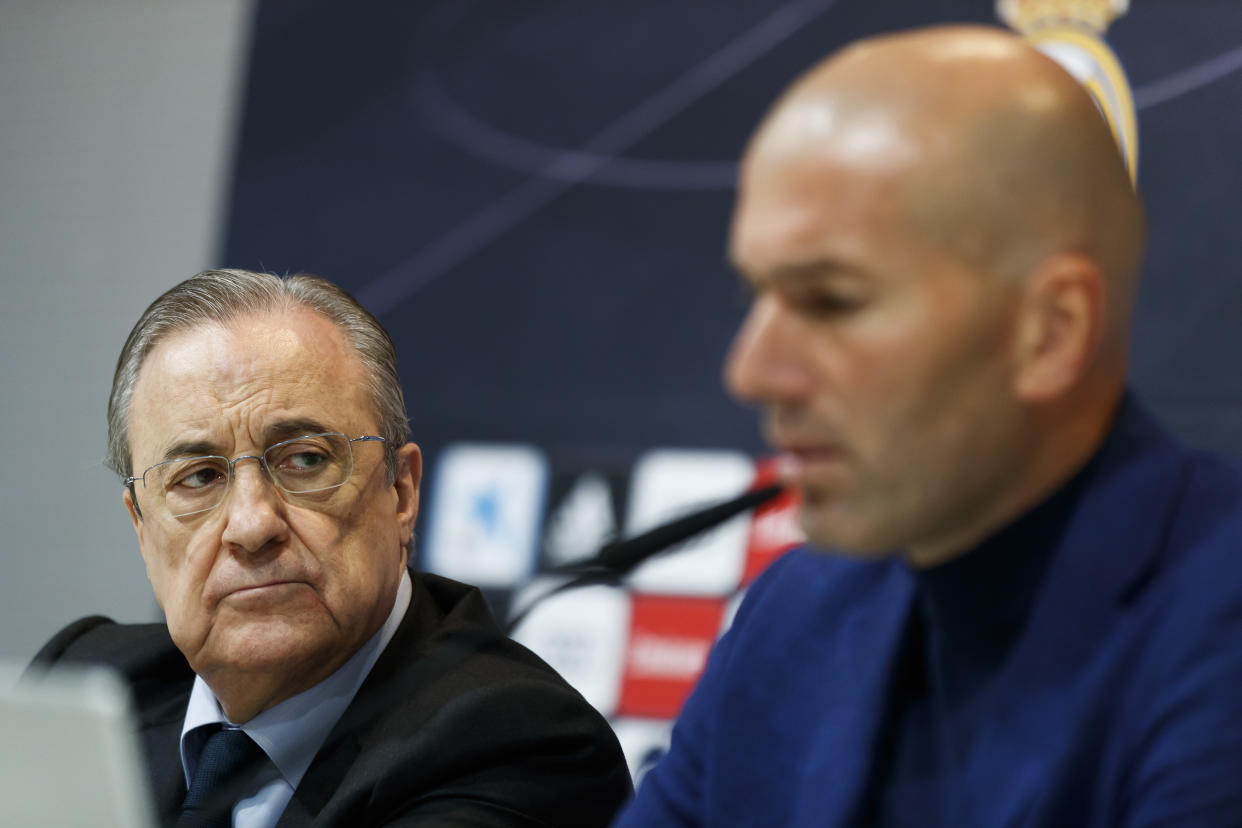 MADRID, SPAIN - MAY 31:  Real Madrid CF president Florentino Perez (L) and Zinedine Zidane (R) attend a press conference to announce his resignation as Real Madrid manager at Valdebebas Sport City on May 31, 2018 in Madrid, Spain. Zidane steps down from the position of Manager of Real Madrid, after leading the club to it's third consecutive UEFA Champions League title.  (Photo by Angel Martinez/Real Madrid via Getty Images)