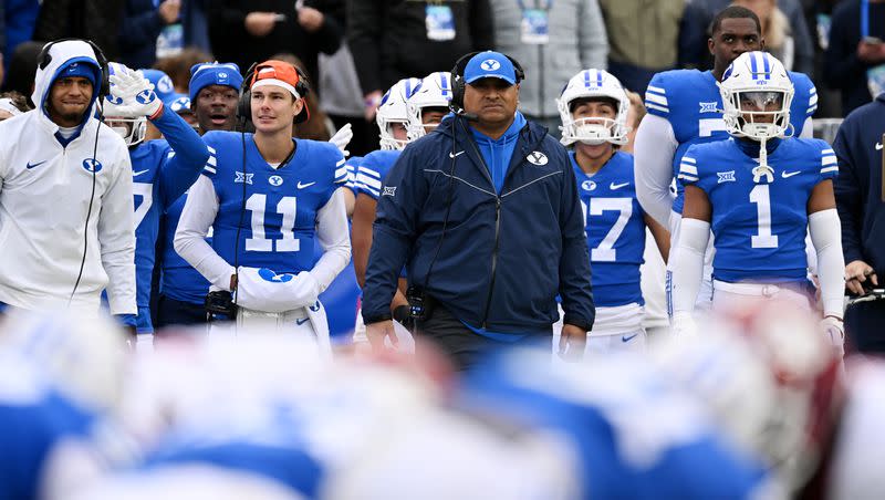 BYU coach Kalani Sitake watches from the sideline as BYU and Oklahoma play at LaVell Edwards stadium in Provo on Saturday, Nov. 18, 2023. 