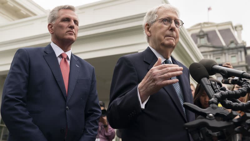 Senate Minority Leader Mitch McConnell of Kentucky and House Speaker Kevin McCarthy of California talk to reporters after meeting with President Joe Biden, Vice President Kamala Harris, House Minority Leader Hakeem Jeffries of New York, and Senate Majority Leader Chuck Schumer of New York, in the Oval Office of the White House, Tuesday, May 16, 2023, in Washington, about the debt ceiling.