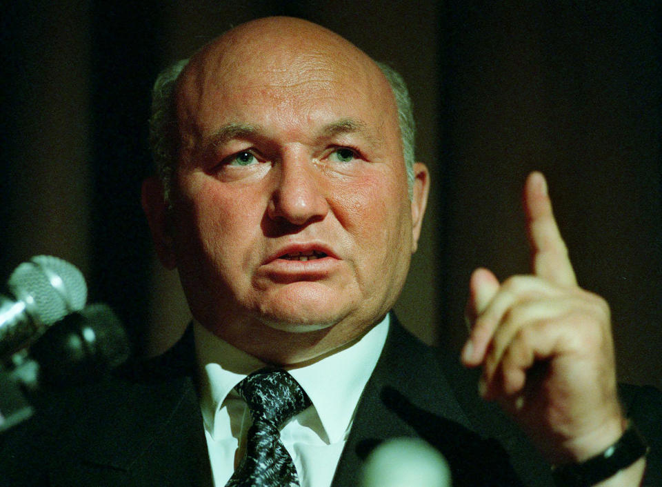 FILE - In this Monday, July 28, 1997 file photo, Moscow mayor Yuri Luzhkov speaks at the International Conference for Progress and Cooperation Dedicated to the 850th anniversary of the City of Moscow, in Beverly Hills, Calif. The former mayor of Moscow and one of the founders of Russia's ruling United Russia party, Yuri Luzhkov, has died at the age of 83. Russia's Ren TV channel reported Tuesday Dec. 10, 2019, that Luzhkov died in Munich, where he was undergoing heart surgery. (AP Photo/E.J. Flynn, File)