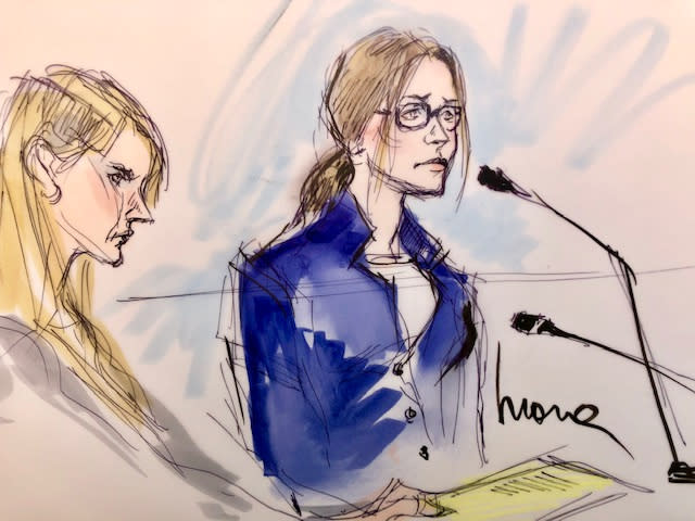 Felicity Huffman in court on Tuesday, as captured by freelance illustrator Mona Shafer Edwards, who has covered trials of stars, including Michael Jackson, Gwyneth Paltrow and O.J Simpson. (Image: Mona Shafer Edwards/Reuters)