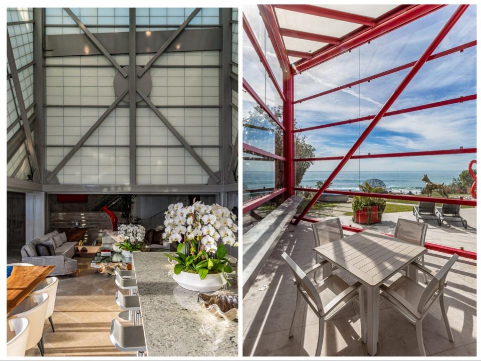 On the left, a photo of the living room showing the high ceilings. On the right, the beach view.