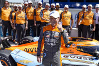 Felix Rosenqvist celebrates after winning the pole during qualifying for the IndyCar Series auto race at Texas Motor Speedway in Fort Worth, Texas on Saturday, March 19, 2022. (AP Photo/Larry Papke)