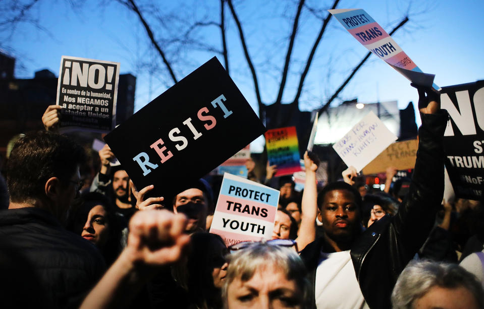 Protestors Rally At Stonewall Inn Against Withdrawal Of Transgender Protections on February 23, 2017 in New York City. (Spencer Platt, Getty Images)