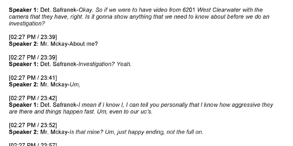 Trascript of an interview with Kennewick police in which former Mayor Bill McKay admits to paying for sexual services. Kennewick Police Department