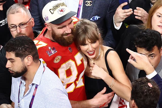 <p>Tim Nwachukwu/Getty</p> Travis Kelce and Taylor Swift celebrate after the Chiefs' Super Bowl win