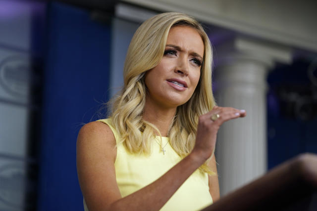 FILE- In this July 16, 2020 file photo, White House press secretary Kayleigh McEnany speaks during a press briefing at the White House in Washington. McEnany's statement, "The science should not stand in the way of this," made while referring to school openings during the press briefing, holds the number eight position on the Yale Law School librarian's list of the most notable quotes of 2020. (AP Photo/Evan Vucci, File)