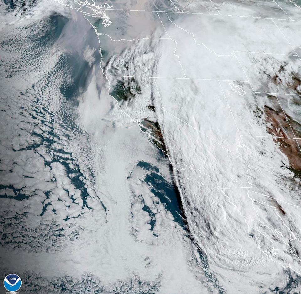 This Aug. 20, 2023 11:20 a.m. EDT satellite image provided by the National Oceanic and Atmospheric Administration shows Tropical Storm Hilary, off Mexico’s Pacific coast.