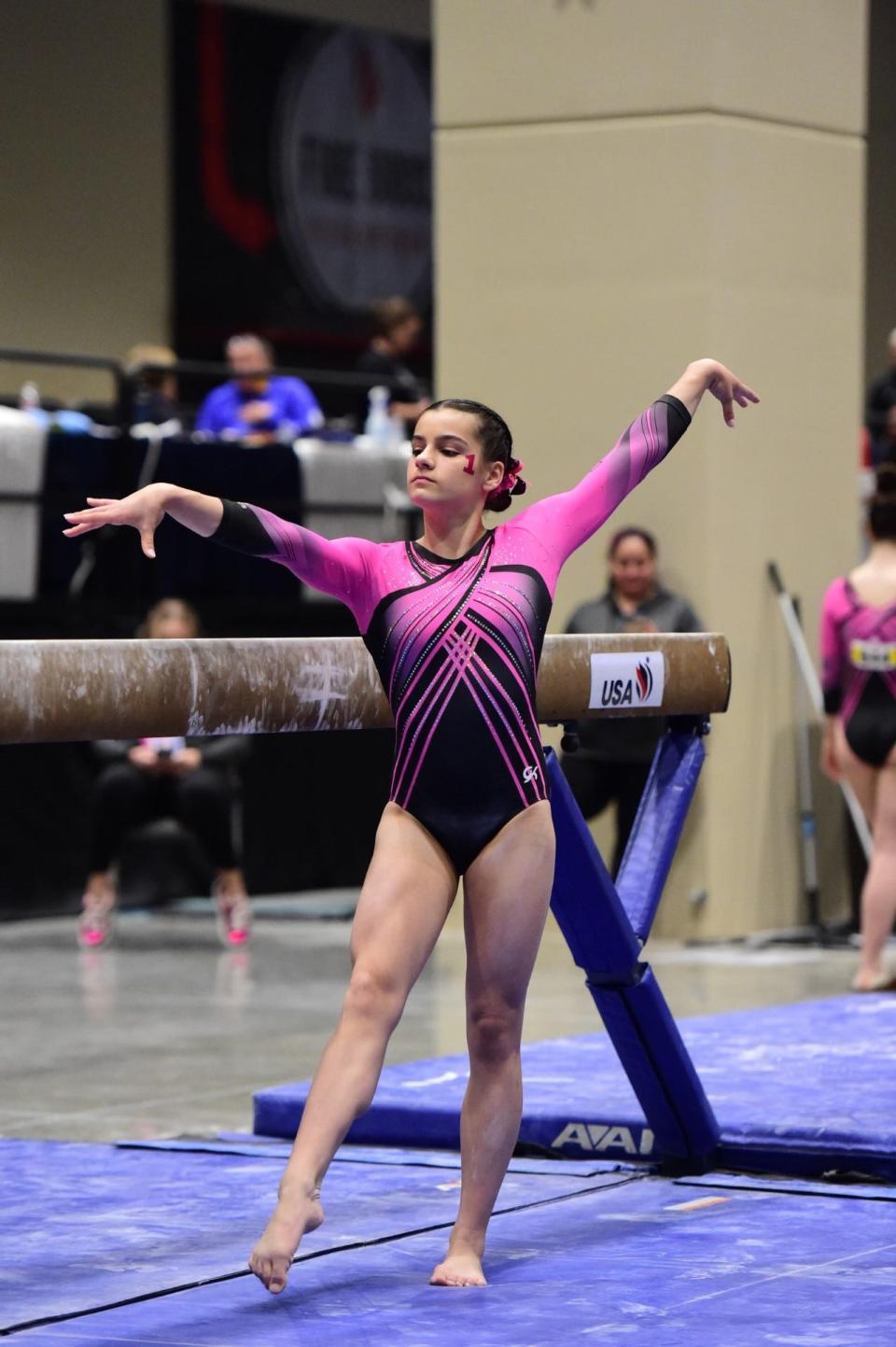 Linden's Morgan Reihl prepares to perform her balance beam routine during one of her gymnastics competitions during the 2023-24 season.