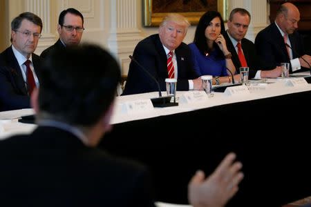 U.S. President Donald Trump (C), flanked by New Enterprise Associates (NEA) Managing General Partner Peter Barris, AT&T CEO Randall Stephenson, Trumbull Unmanned CEO Dyan Gibbens, Honeywell President Darius Adamczyk and White House National Economic Council Director Gary Cohn, holds an event highlighting emerging technologies, in the East Room at the White House in Washington, U.S., June 22, 2017. REUTERS/Jonathan Ernst