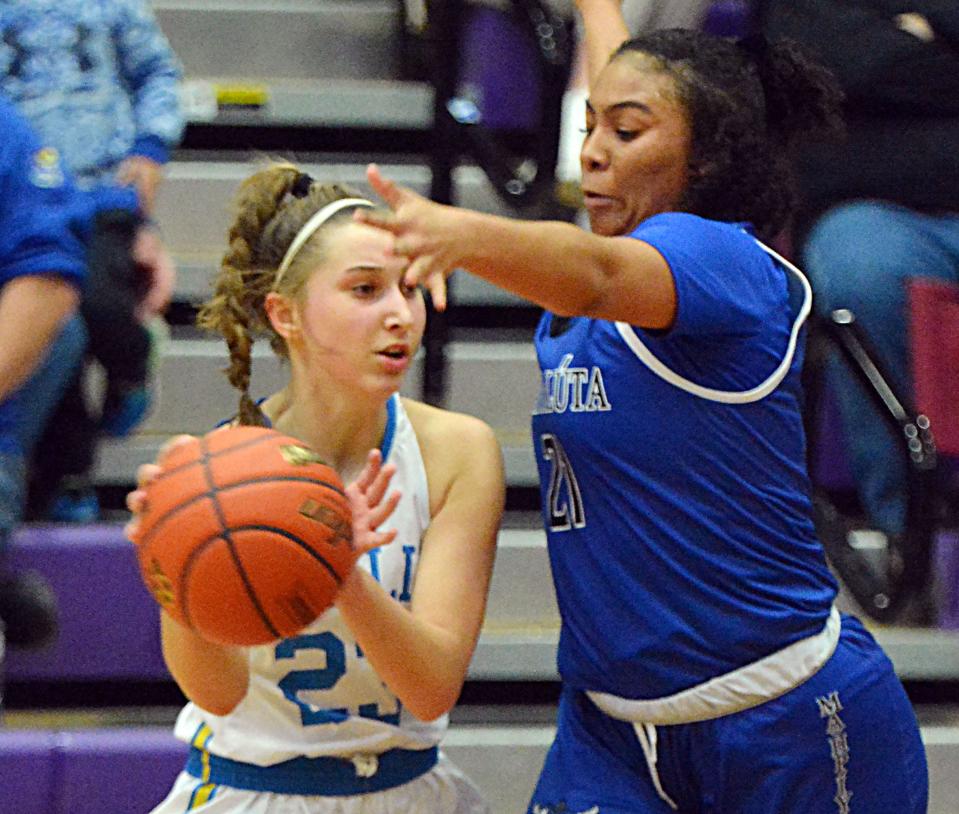 Hamlin's Marissa Bawdon is pressured by Red Cloud's Kennedy Fridia during their semifinal game in the state Class A high school girls basketball tournament on Friday, March 10, 2023 in the Watertown Civic Arena.