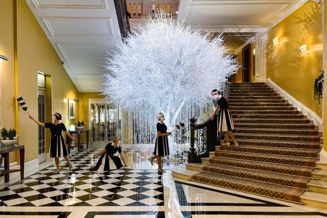 Louis Vuitton stacks travel trunks for Claridge's Christmas tree